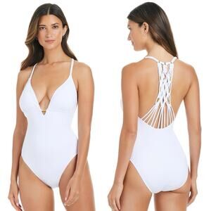 Bleu Rod Beattie Macramé-Back One Piece Swimsuit White Gold Hardware